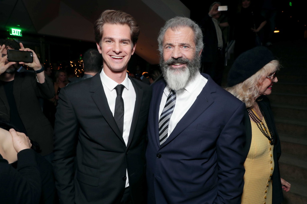 Andrew Garfield and Director Mel Gibson seen at Summit Entertainment, a Lionsgate Company, Los Angeles Special Screening of "Hacksaw Ridge" after party at The Academy’s Samuel Goldwyn Theater on Monday, Oct. 24, 2016, in Beverly Hills, Calif. (Photo by Eric Charbonneau/Invision for Lionsgate/AP Images)