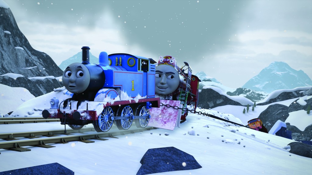 湯瑪士小火車登上危險的高山，連輪子都結霜了